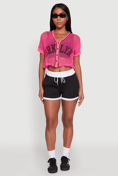 Womens Fishnet Brklyn Graphic Cropped Baseball Tee, Pink, Size XL