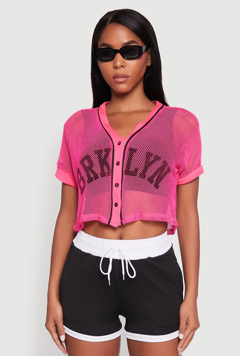 Womens Fishnet Brklyn Graphic Cropped Baseball Tee, Pink, Size XL