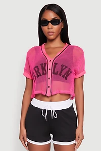 Womens Fishnet Brklyn Graphic Cropped Baseball Tee, Pink, Size S