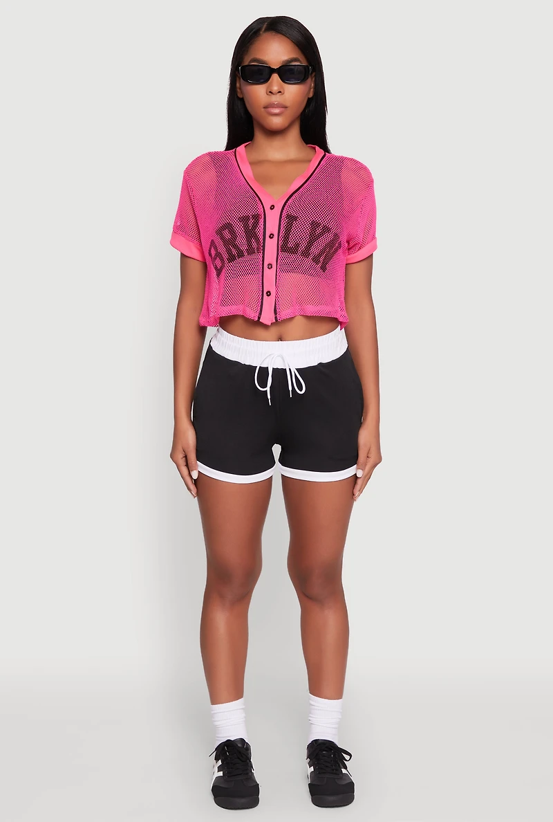 Womens Fishnet Brklyn Graphic Cropped Baseball Tee, Pink, Size XL