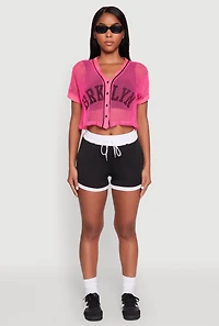 Womens Fishnet Brklyn Graphic Cropped Baseball Tee, Pink, Size XL