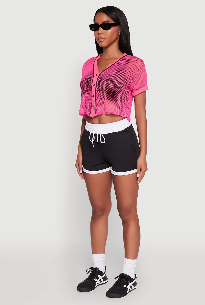 Womens Fishnet Brklyn Graphic Cropped Baseball Tee, Pink, Size S