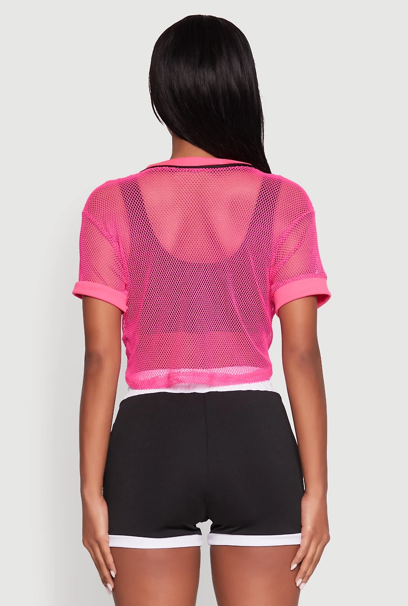 Womens Fishnet Brklyn Graphic Cropped Baseball Tee, Pink, Size S