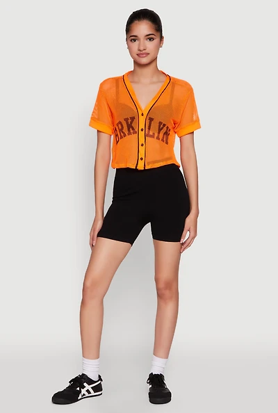 Womens Fishnet Brklyn Graphic Cropped Baseball Tee, XL