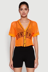Womens Fishnet Brklyn Graphic Cropped Baseball Tee, XL