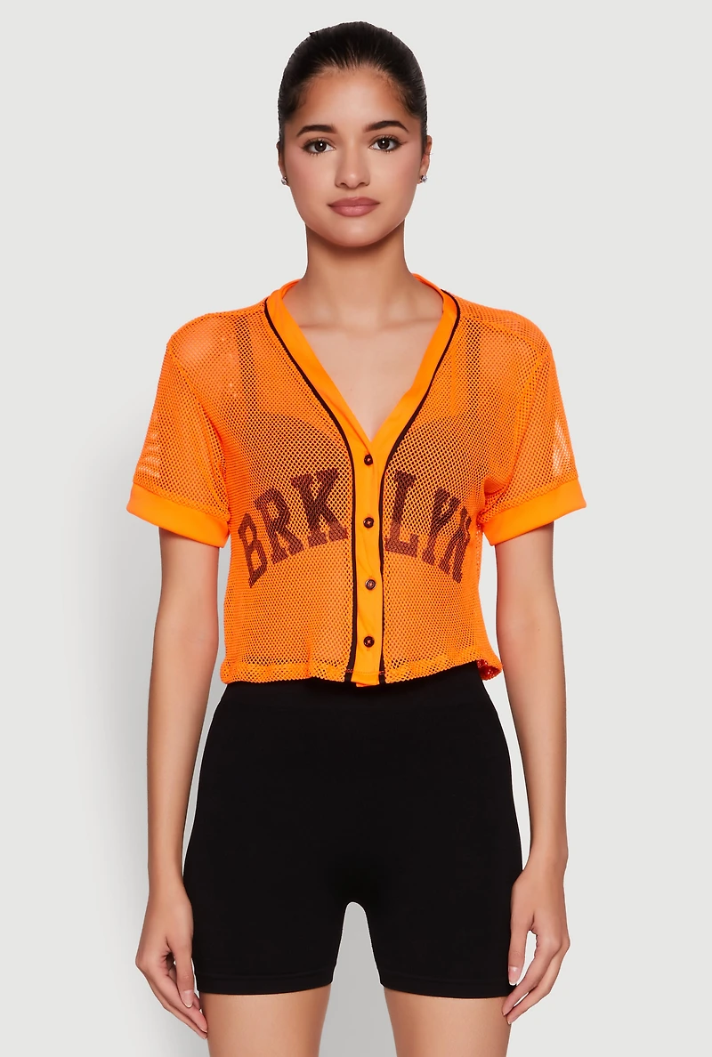 Womens Fishnet Brklyn Graphic Cropped Baseball Tee,