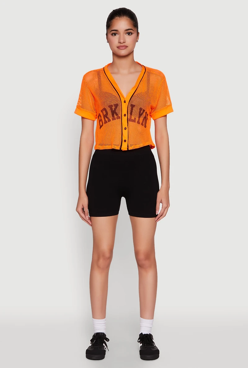 Womens Fishnet Brklyn Graphic Cropped Baseball Tee,