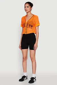 Womens Fishnet Brklyn Graphic Cropped Baseball Tee, XL
