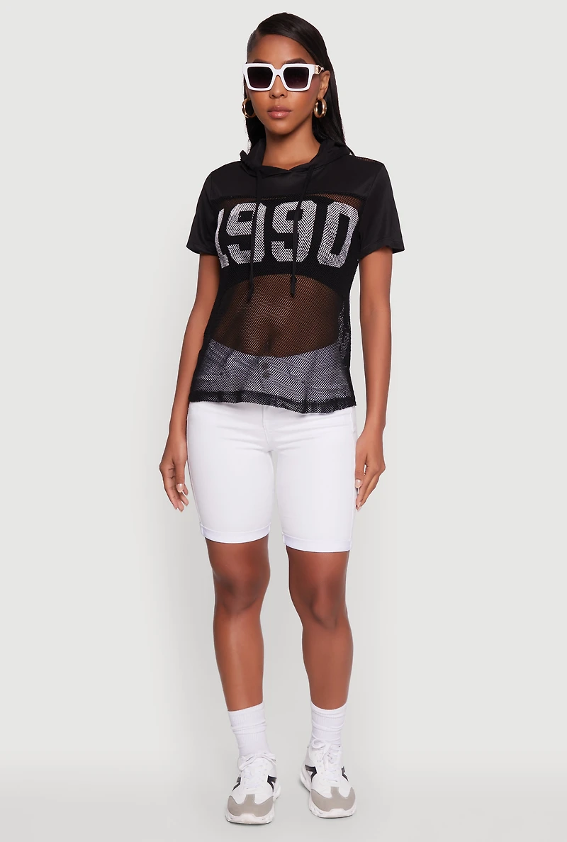 Womens Fishnet 1990 Graphic Hooded Short Sleeve Top,