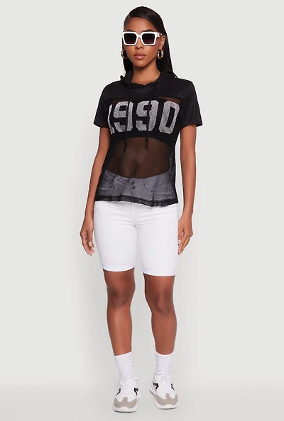 Womens Fishnet 1990 Graphic Hooded Short Sleeve Top,