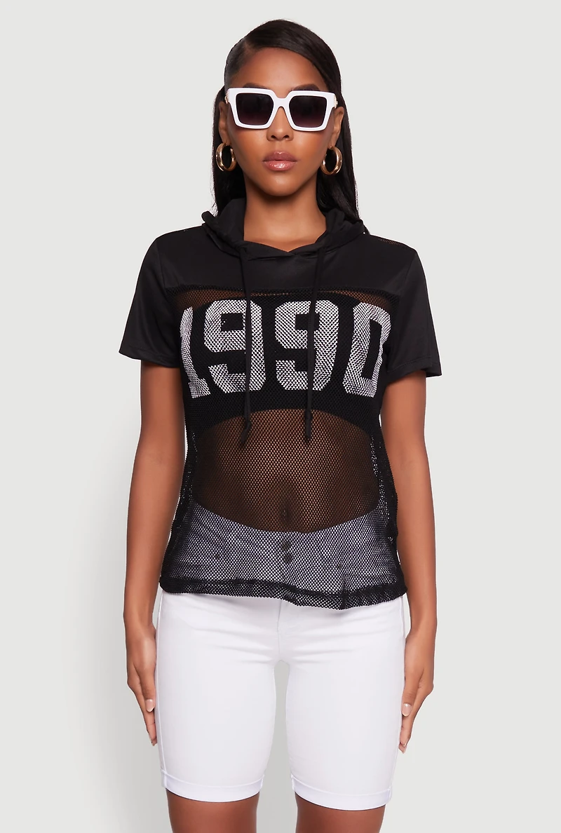 Womens Fishnet 1990 Graphic Hooded Short Sleeve Top, Black, Size L