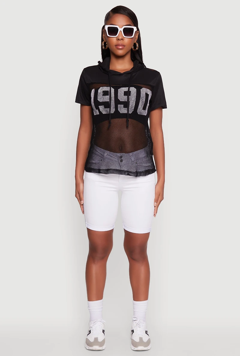 Womens Fishnet 1990 Graphic Hooded Short Sleeve Top,
