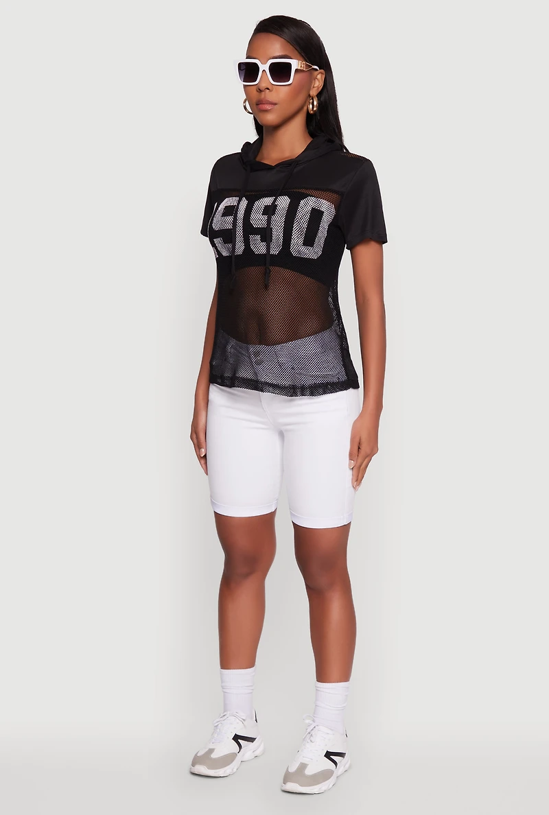 Womens Fishnet 1990 Graphic Hooded Short Sleeve Top, M