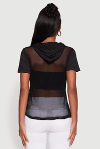 Womens Fishnet 1990 Graphic Hooded Short Sleeve Top, Black, Size L