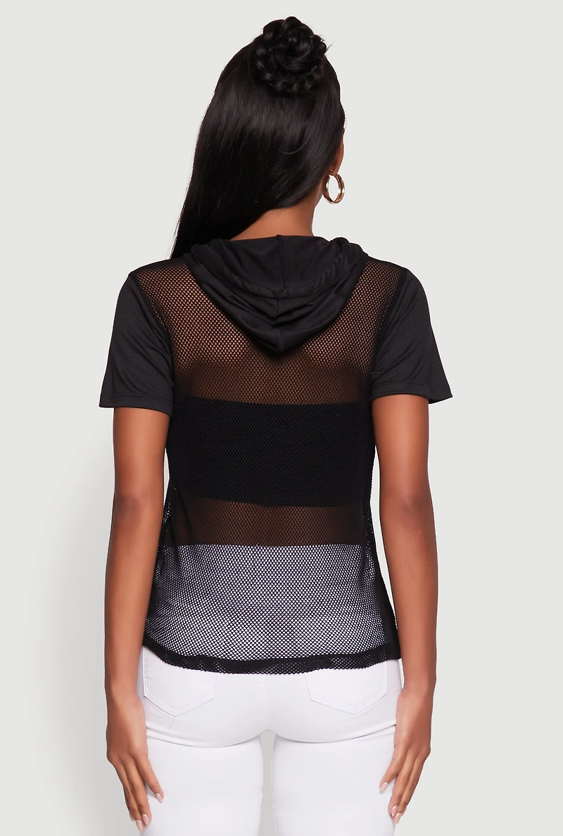 Womens Fishnet 1990 Graphic Hooded Short Sleeve Top,