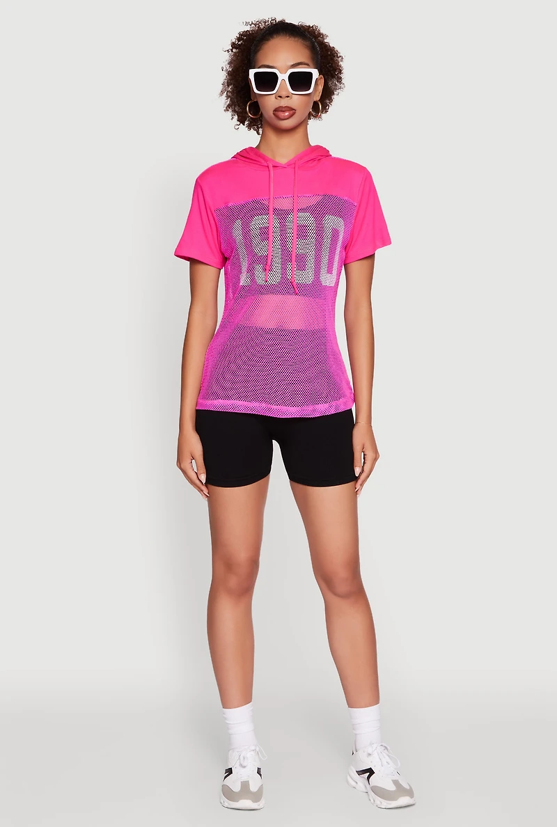 Womens Fishnet 1990 Graphic Hooded Short Sleeve Top, Pink, Size S