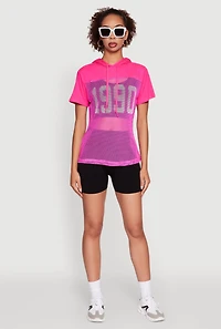 Womens Fishnet 1990 Graphic Hooded Short Sleeve Top, Pink, Size S
