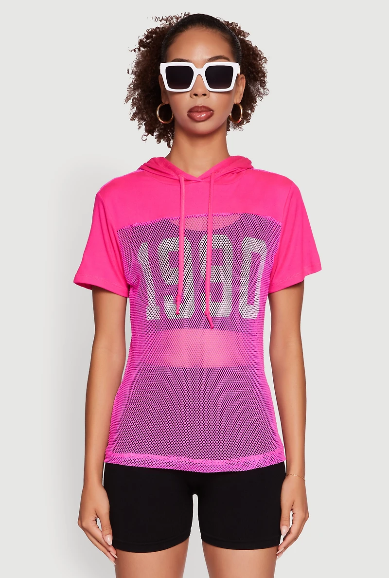 Womens Fishnet 1990 Graphic Hooded Short Sleeve Top, Pink, Size S