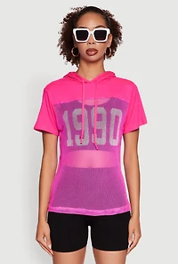 Womens Fishnet 1990 Graphic Hooded Short Sleeve Top, Pink, Size S