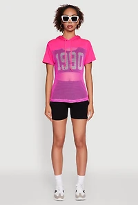Womens Fishnet 1990 Graphic Hooded Short Sleeve Top, Pink, Size S