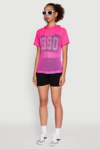 Womens Fishnet 1990 Graphic Hooded Short Sleeve Top, Pink, Size S