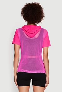 Womens Fishnet 1990 Graphic Hooded Short Sleeve Top, Pink, Size S