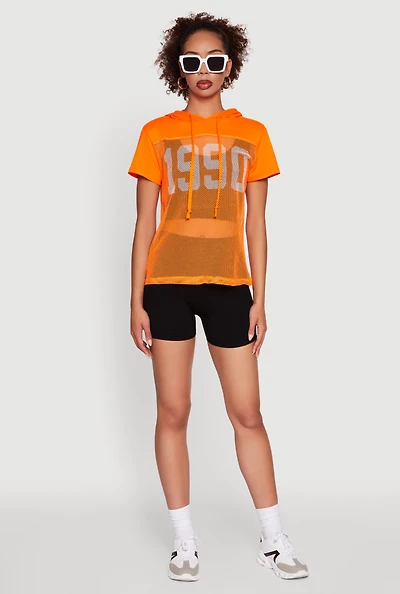 Womens Fishnet 1990 Graphic Hooded Short Sleeve Top,