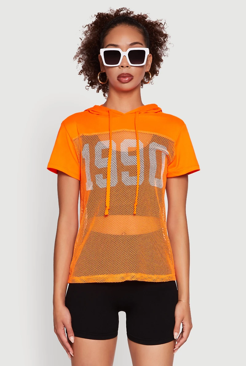 Womens Fishnet 1990 Graphic Hooded Short Sleeve Top, L