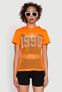 Womens Fishnet 1990 Graphic Hooded Short Sleeve Top, L