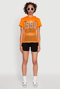 Womens Fishnet 1990 Graphic Hooded Short Sleeve Top, L
