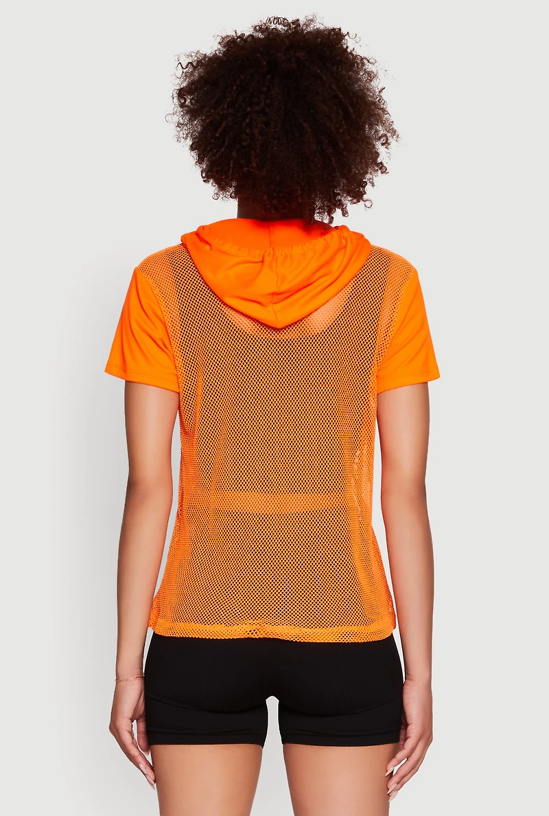 Womens Fishnet 1990 Graphic Hooded Short Sleeve Top, L