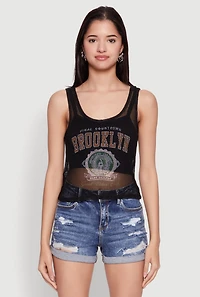 Womens Brooklyn Graphic Fishnet Tank Top, Black, Size S