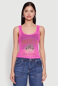 Womens Brooklyn Graphic Fishnet Tank Top, Pink, Size XL