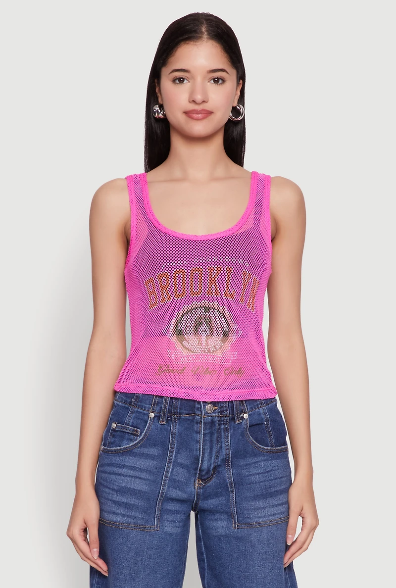 Womens Brooklyn Graphic Fishnet Tank Top, Pink, Size M