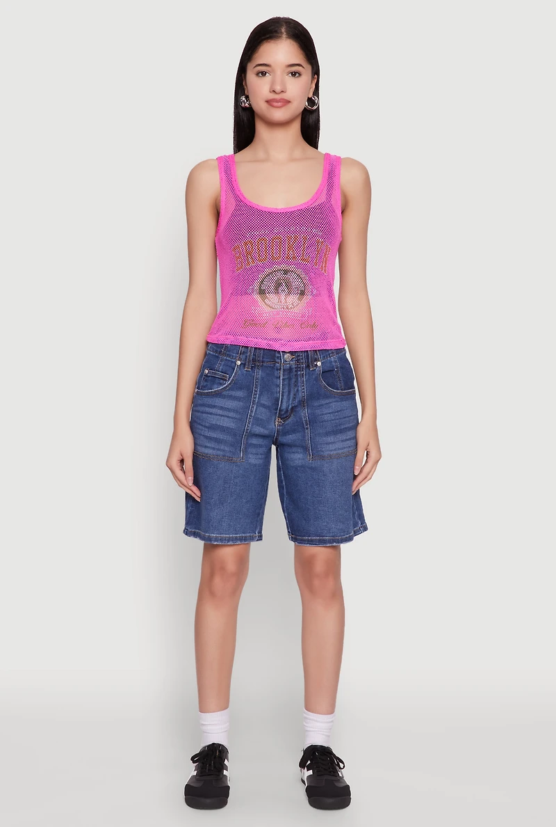 Womens Brooklyn Graphic Fishnet Tank Top, Pink, Size XL