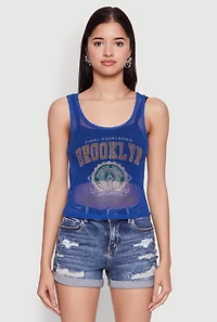 Womens Brooklyn Graphic Fishnet Tank Top, Blue, Size XL