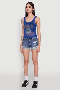 Womens Brooklyn Graphic Fishnet Tank Top, Blue, Size XL