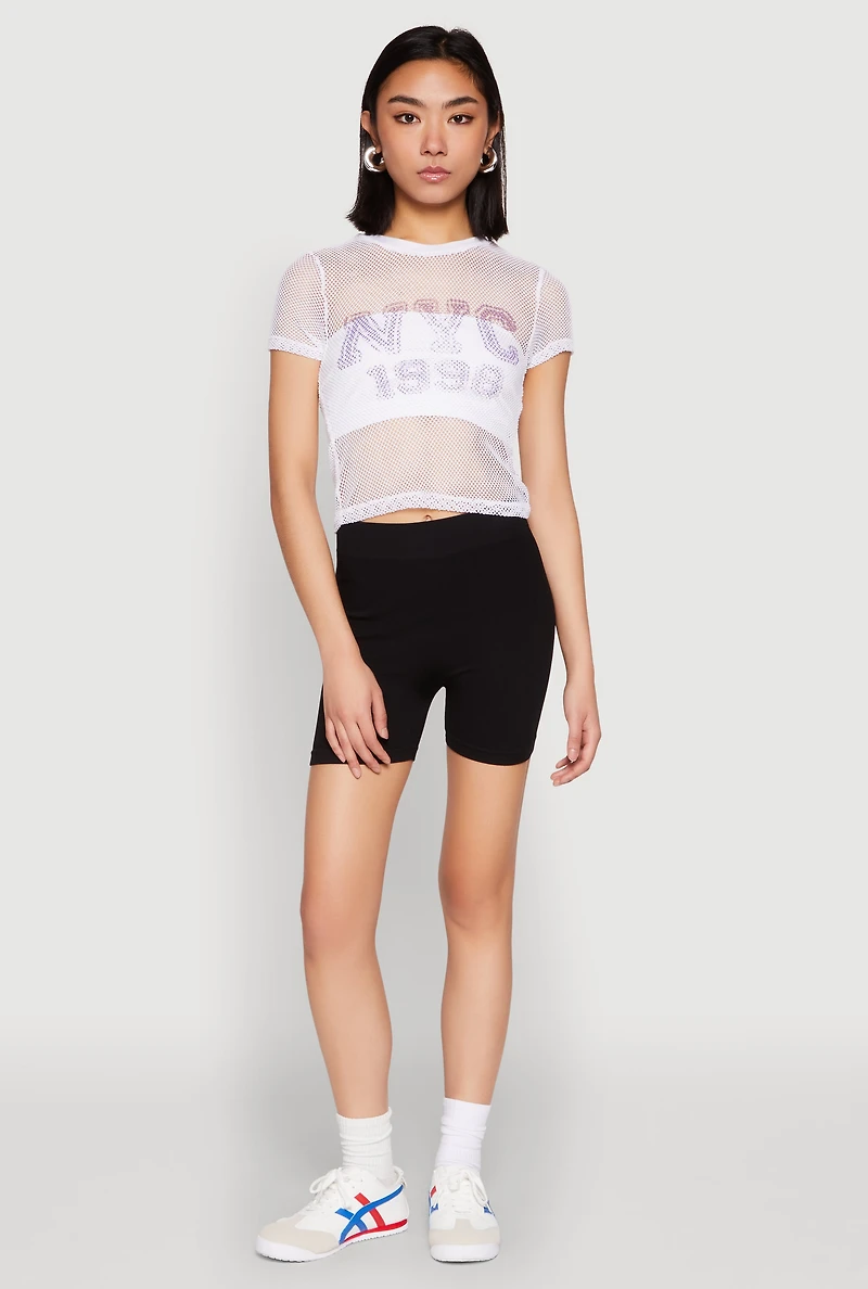 Womens NYC 1998 Fishnet Crop Top, White, Size XL