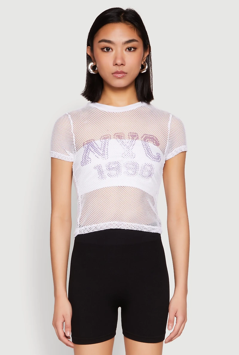 Womens NYC 1998 Fishnet Crop Top, White, Size XL