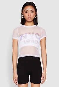 Womens NYC 1998 Fishnet Crop Top, White, Size XL