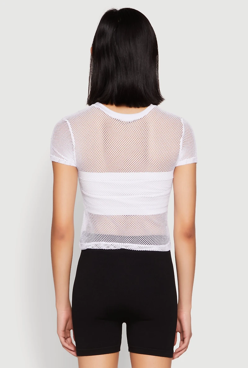 Womens NYC 1998 Fishnet Crop Top, White, Size XL