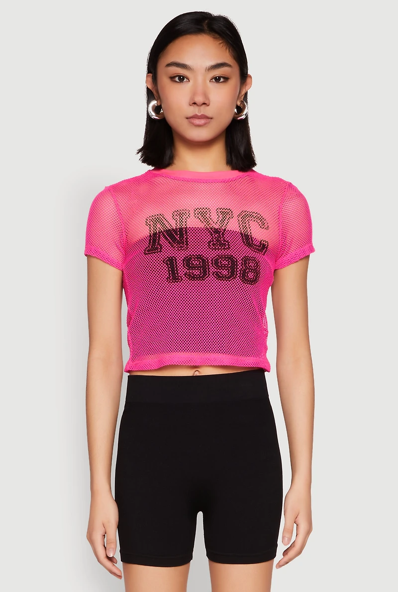 Womens NYC 1998 Fishnet Crop Top, Pink,