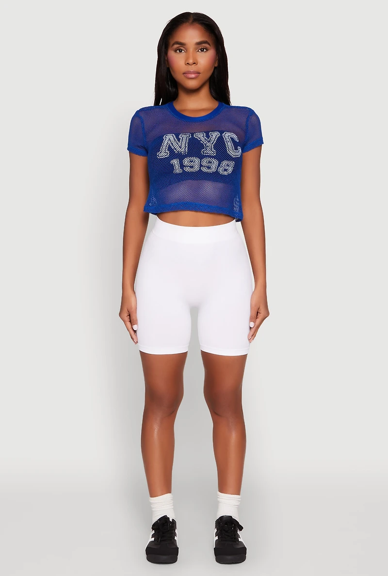 Womens NYC 1998 Fishnet Crop Top, Blue, Size S