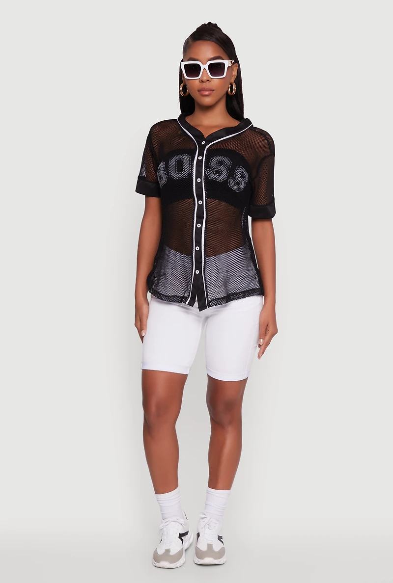 Womens Fishnet Boss Graphic Baseball Shirt, Black, Size M
