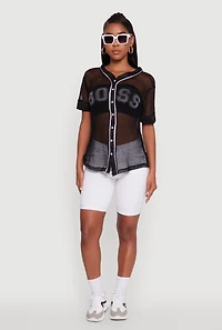 Womens Fishnet Boss Graphic Baseball Shirt, Black, Size M