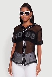 Womens Fishnet Boss Graphic Baseball Shirt, Black, Size M