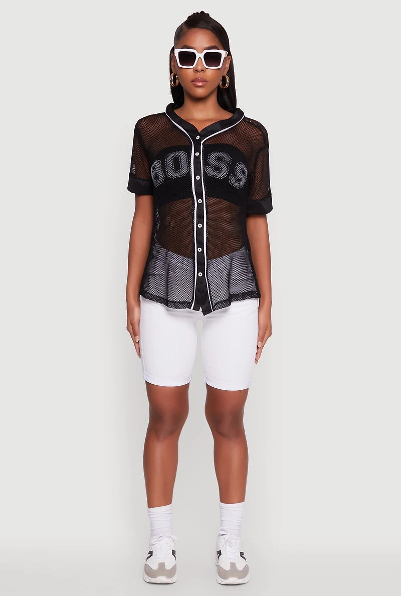 Womens Fishnet Boss Graphic Baseball Shirt, Black, Size M