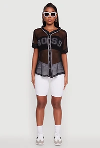 Womens Fishnet Boss Graphic Baseball Shirt, Black, Size M