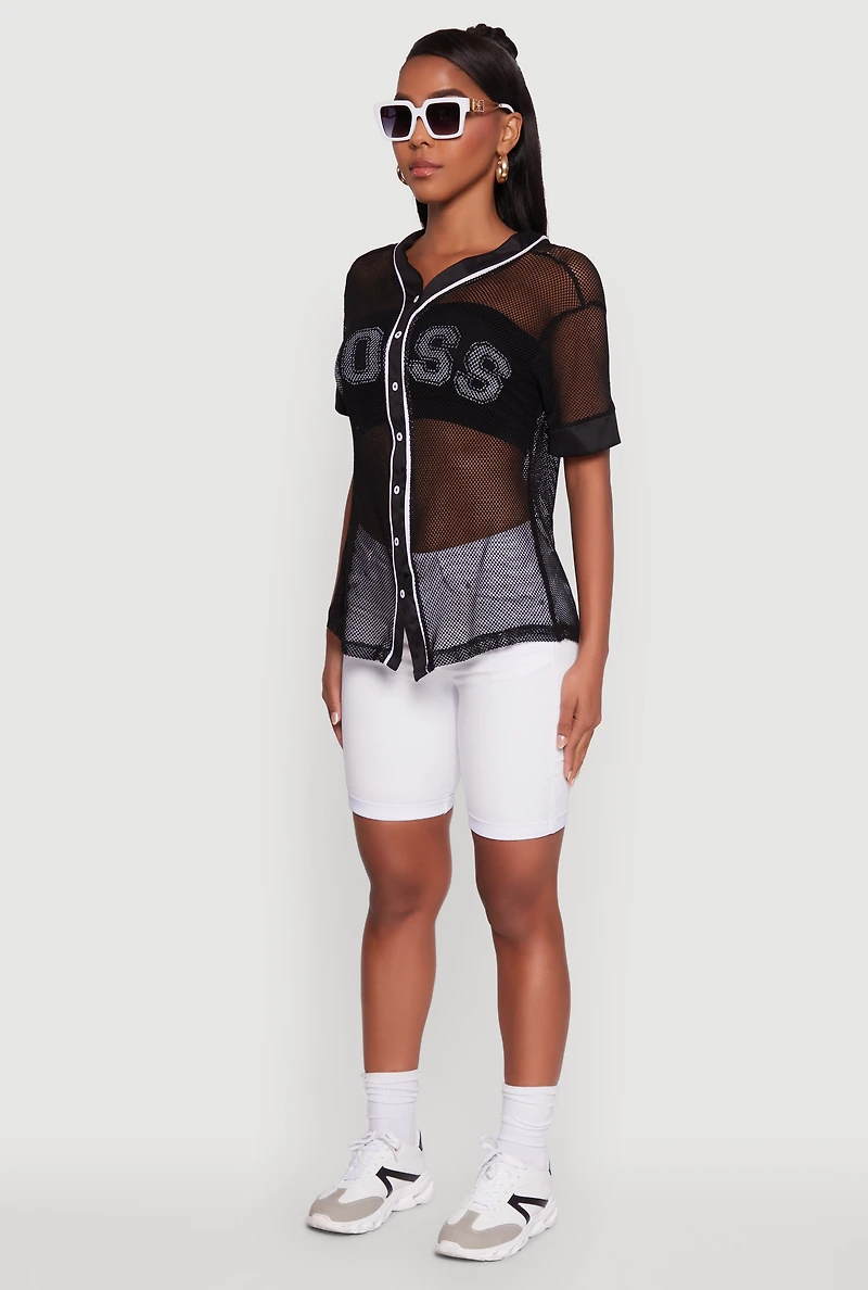 Womens Fishnet Boss Graphic Baseball Shirt, Black, Size M