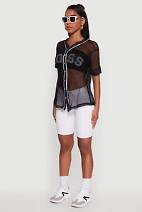 Womens Fishnet Boss Graphic Baseball Shirt, Black,